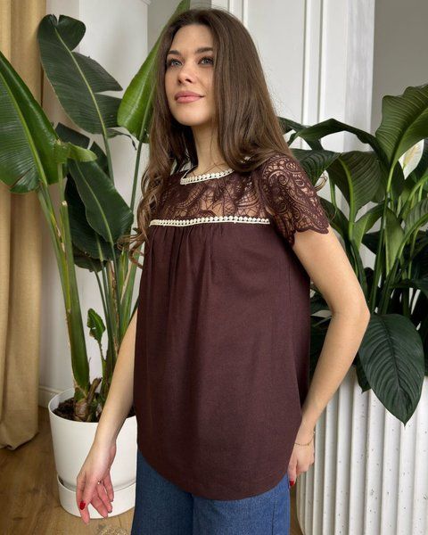 Лляна блуза з мереживною кокеткою коричнева N3817к фото